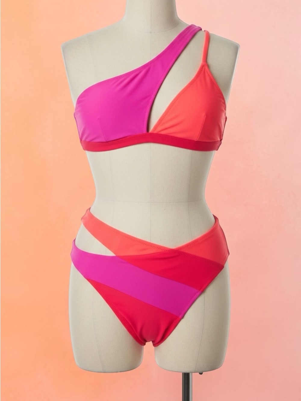 Hot Pink Colorblock Cutout Bikini Set | One Shoulder Neon Swim Trendy Size S NWT